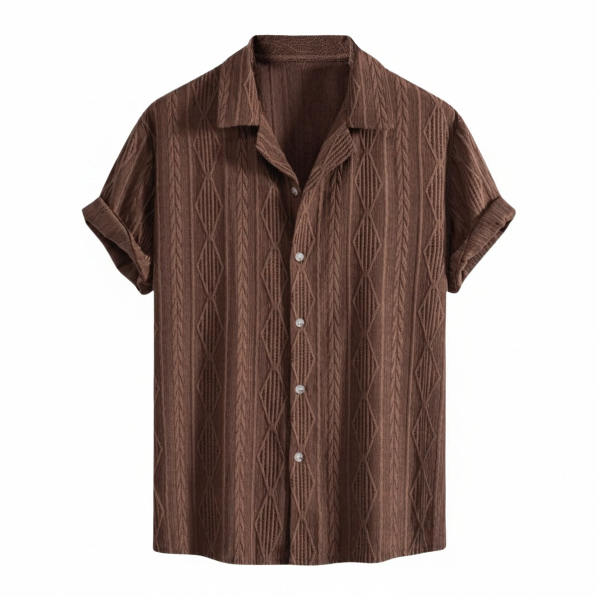 Men's Short Sleeve Shirt with Textured Diamond Pattern and Camp Collar
