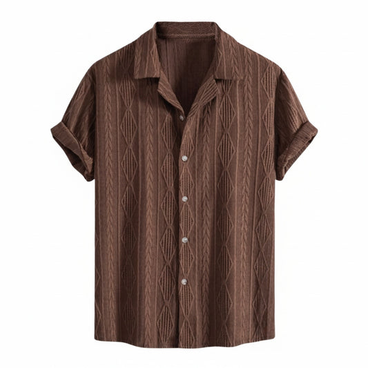 Men's Short Sleeve Shirt with Textured Diamond Pattern and Camp Collar