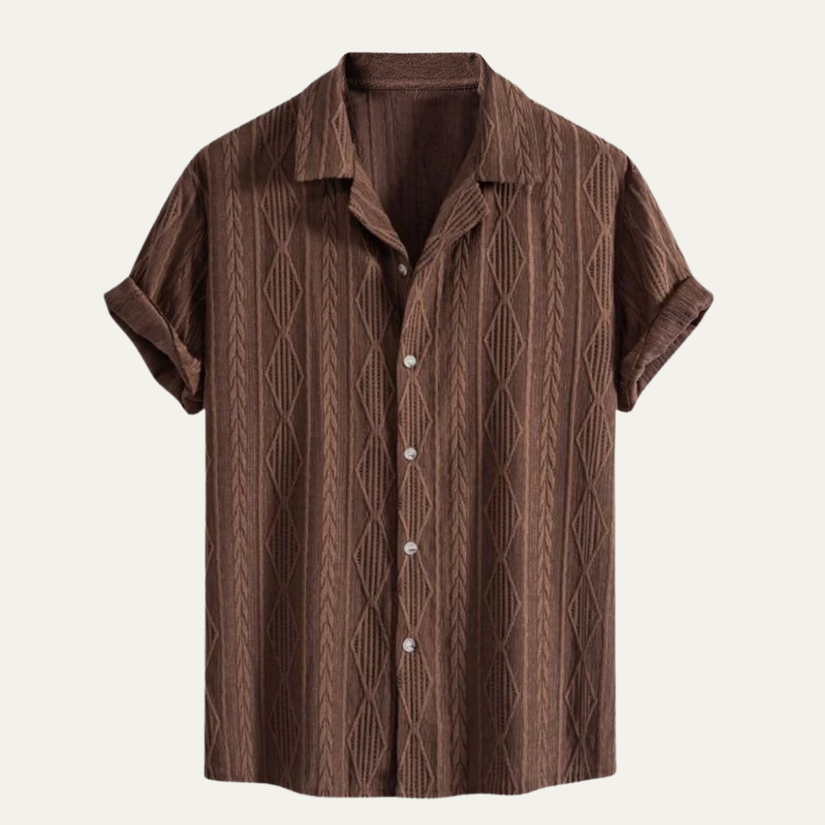 Men's Short Sleeve Shirt with Textured Diamond Pattern and Camp Collar