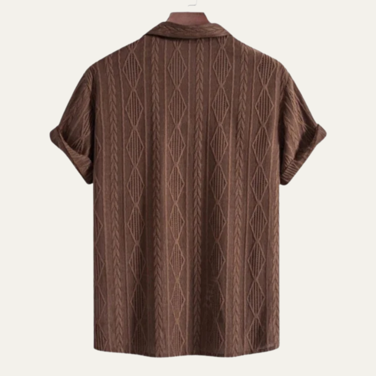 Men's Short Sleeve Shirt with Textured Diamond Pattern and Camp Collar