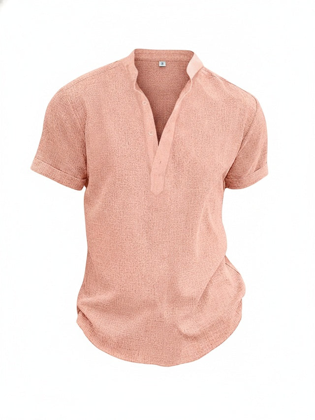 Men's Short Sleeve Shirt with V-Neck and Stand Collar