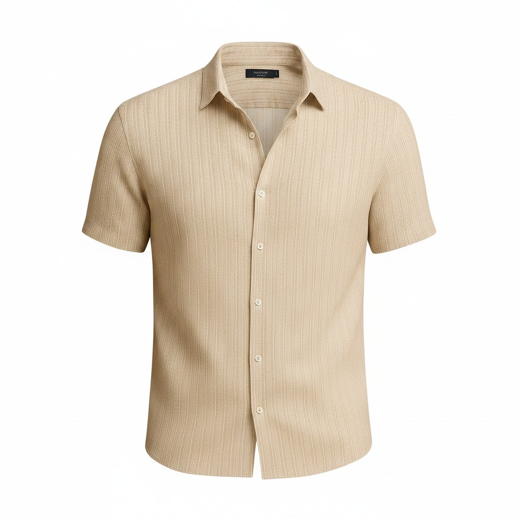 Men's Short Sleeve Shirt with Vertical Ribbed Texture and Button Front