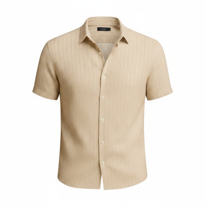 Men's Short Sleeve Shirt with Vertical Ribbed Texture and Button Front