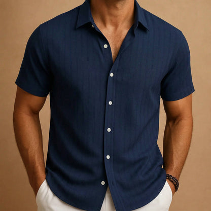 Men's Short Sleeve Shirt with Vertical Ribbed Texture and Button Front
