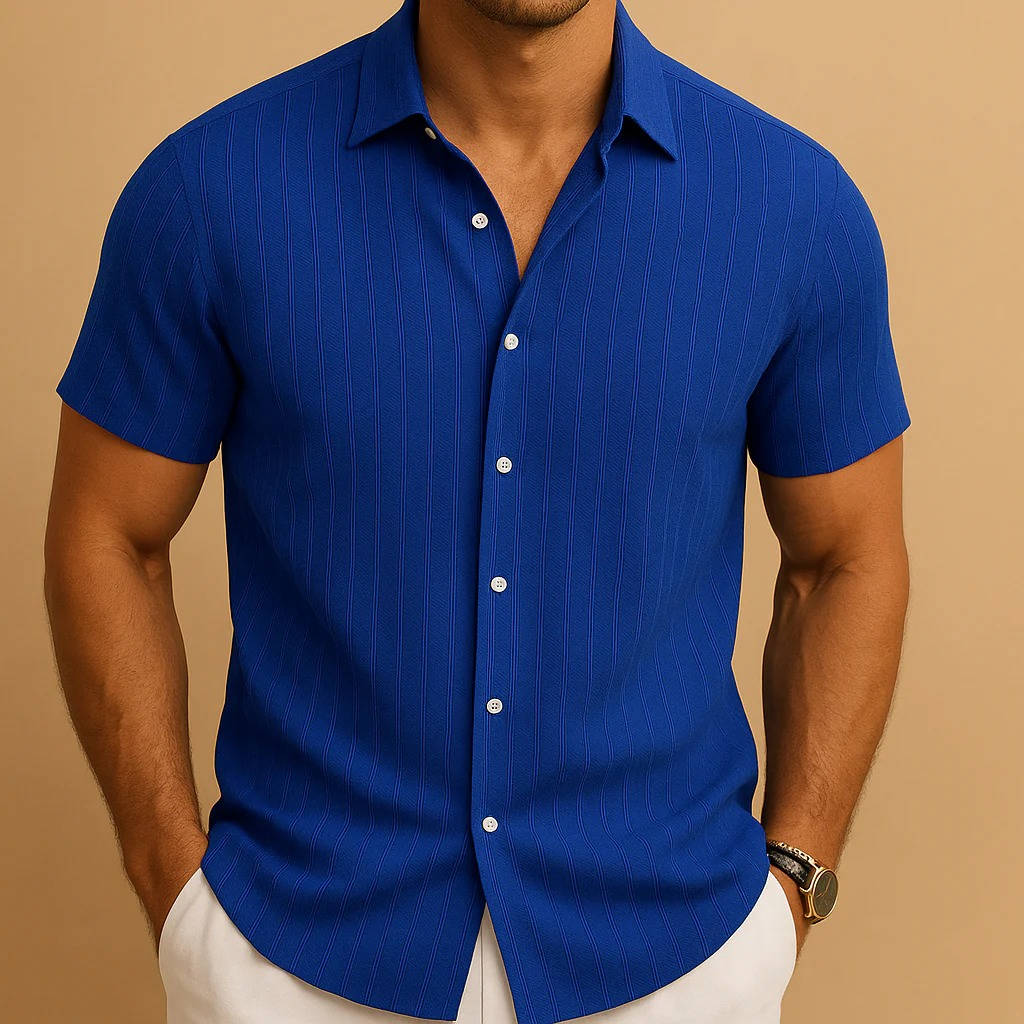 Men's Short Sleeve Shirt with Vertical Ribbed Texture and Button Front