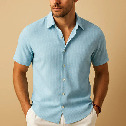 Men's Short Sleeve Shirt with Vertical Ribbed Texture and Button Front