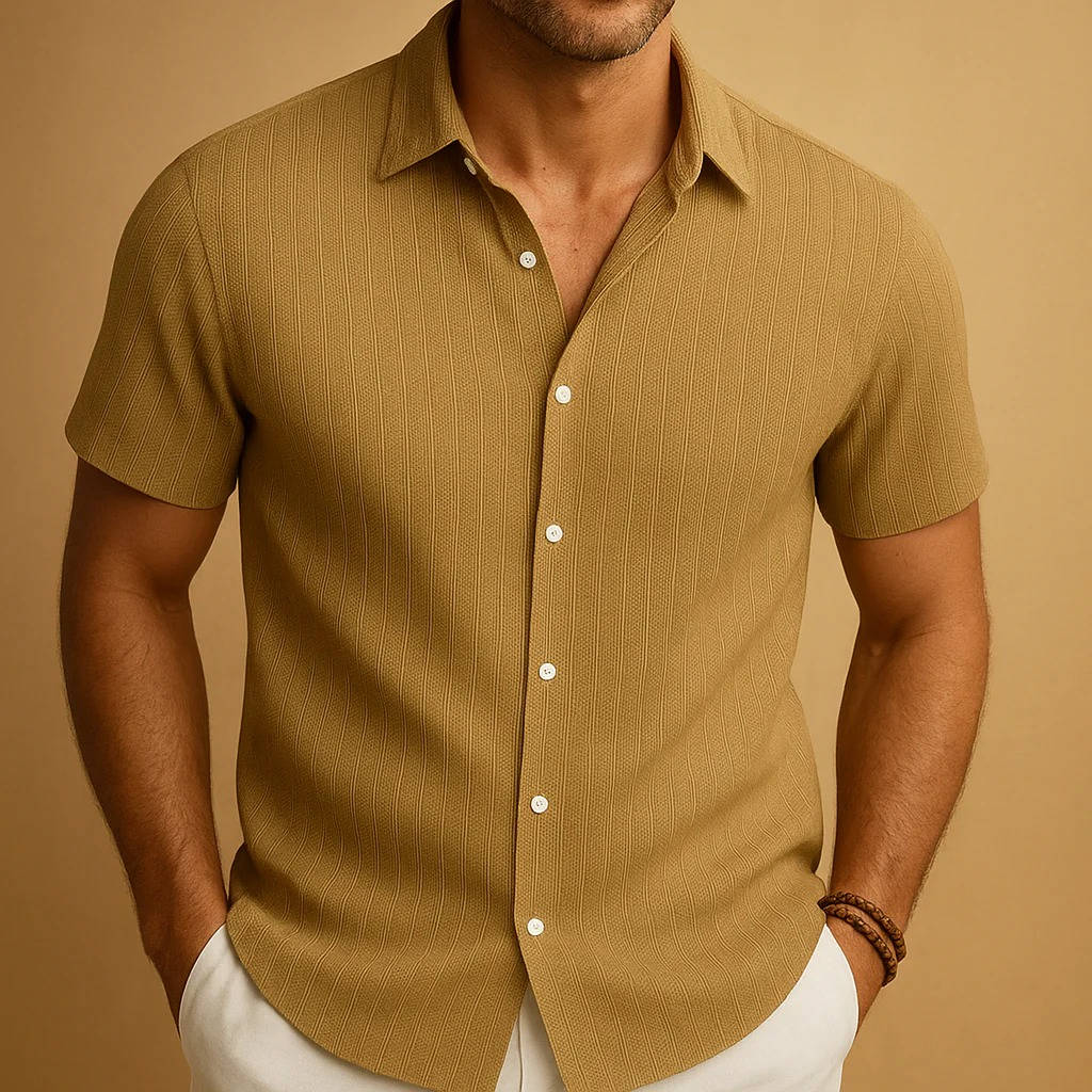 Men's Short Sleeve Shirt with Vertical Ribbed Texture and Button Front