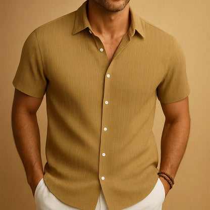 Men's Short Sleeve Shirt with Vertical Ribbed Texture and Button Front