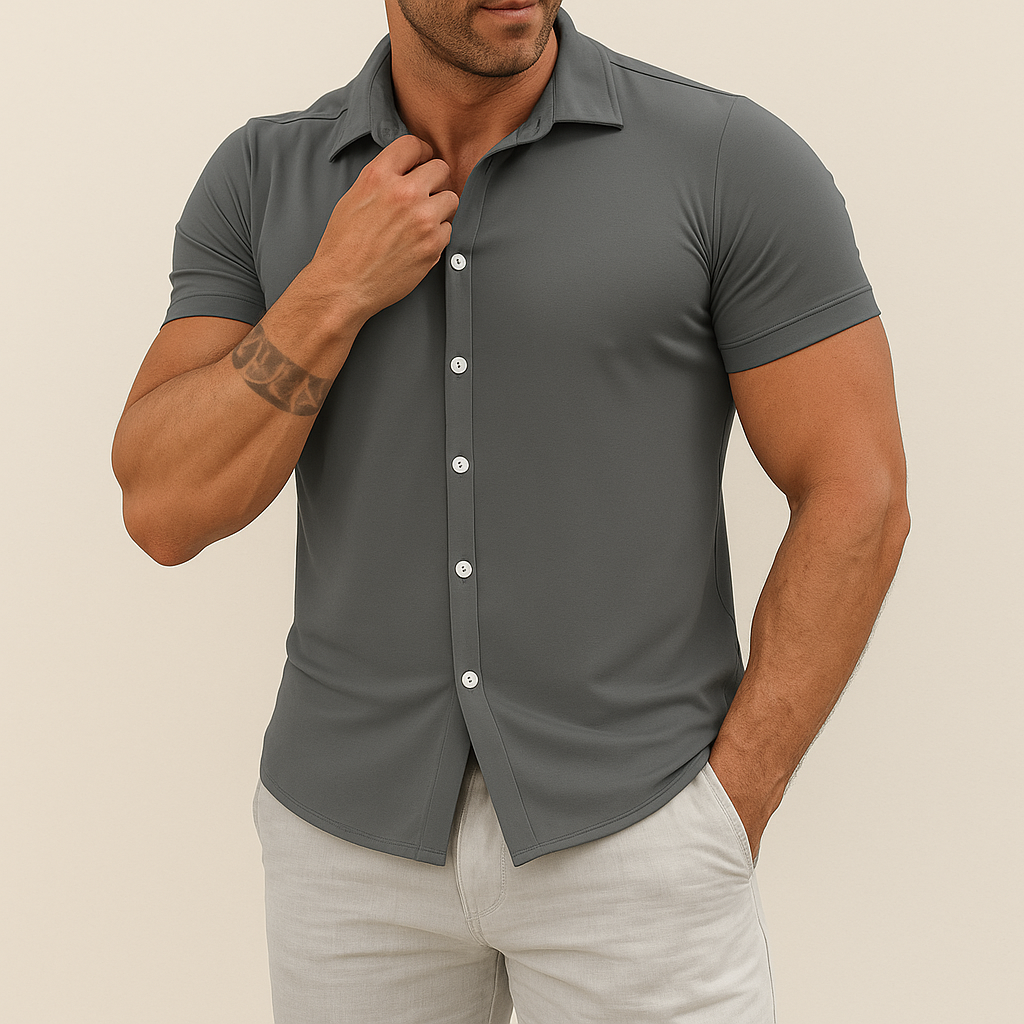 Men's Short Sleeve Slim Fit Button-Up Shirt with Spread Collar