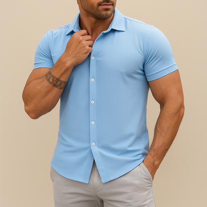 Men's Short Sleeve Slim Fit Button-Up Shirt with Spread Collar