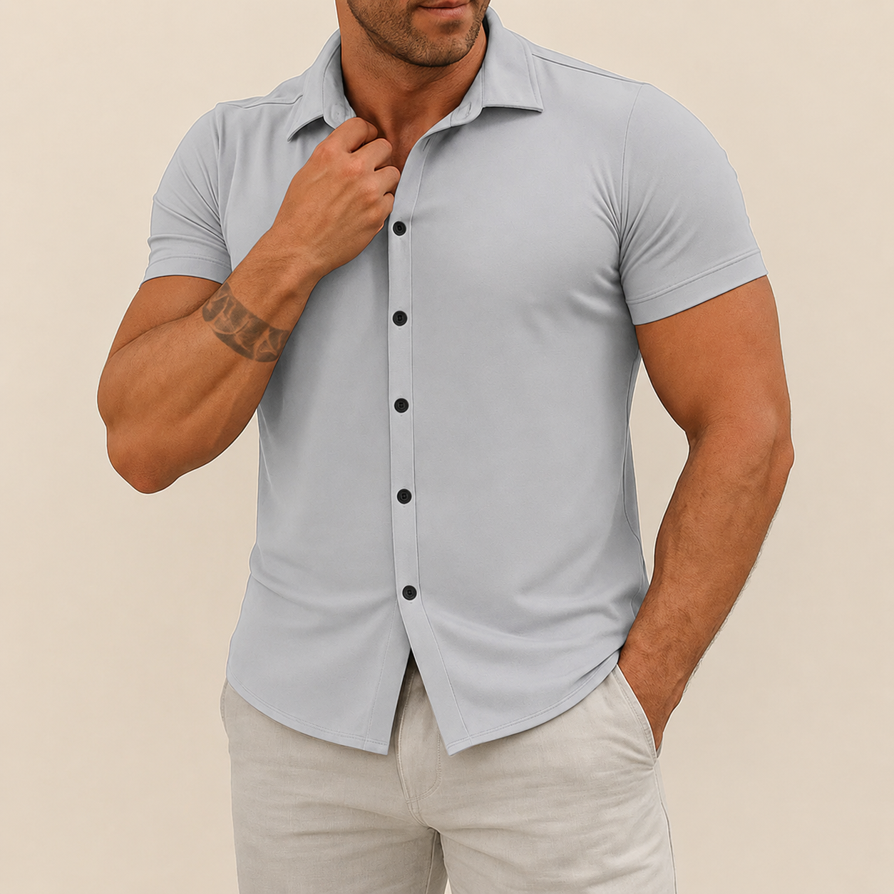 Men's Short Sleeve Slim Fit Button-Up Shirt with Spread Collar