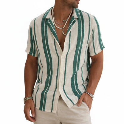 Men's Short Sleeve Striped Shirt with Camp Collar and Relaxed Fit
