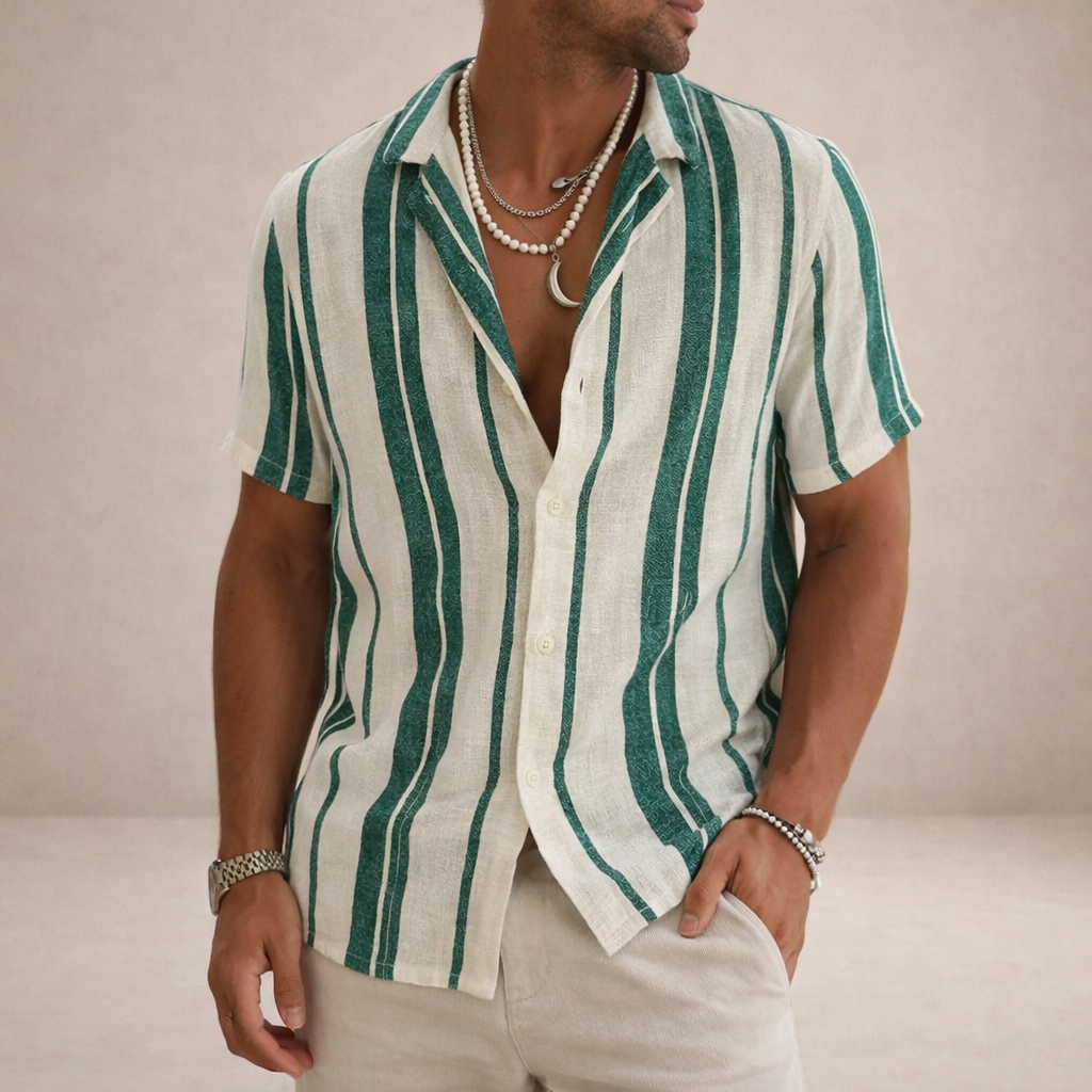 Men's Short Sleeve Striped Shirt with Camp Collar and Relaxed Fit