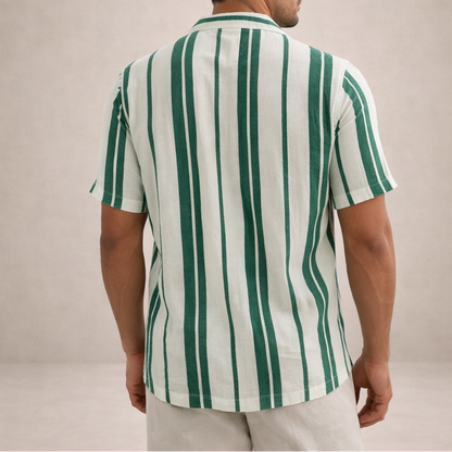 Men's Short Sleeve Striped Shirt with Camp Collar and Relaxed Fit