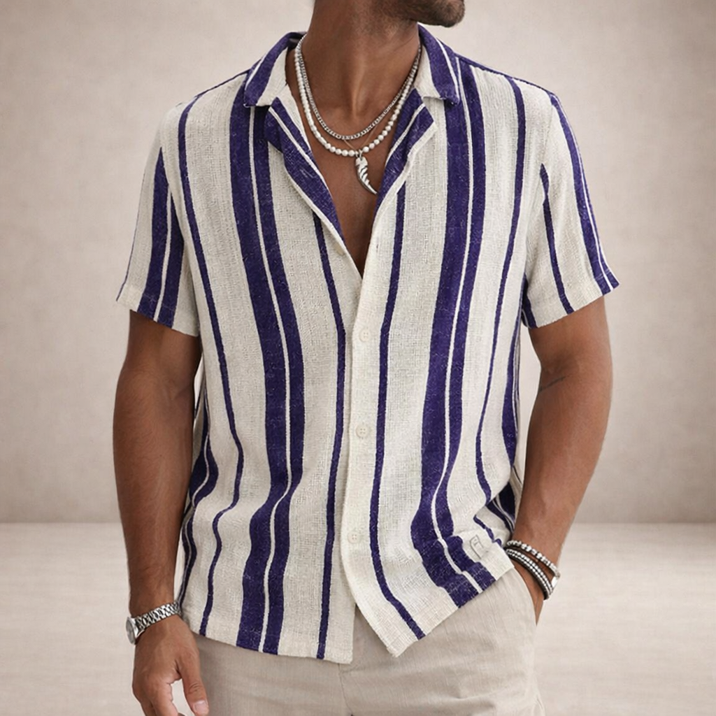 Men's Short Sleeve Striped Shirt with Camp Collar and Relaxed Fit