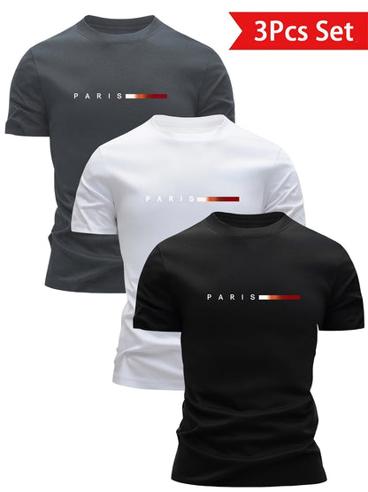 Men's Short Sleeve T-Shirt 3-Pack with Paris Print and Round Neck
