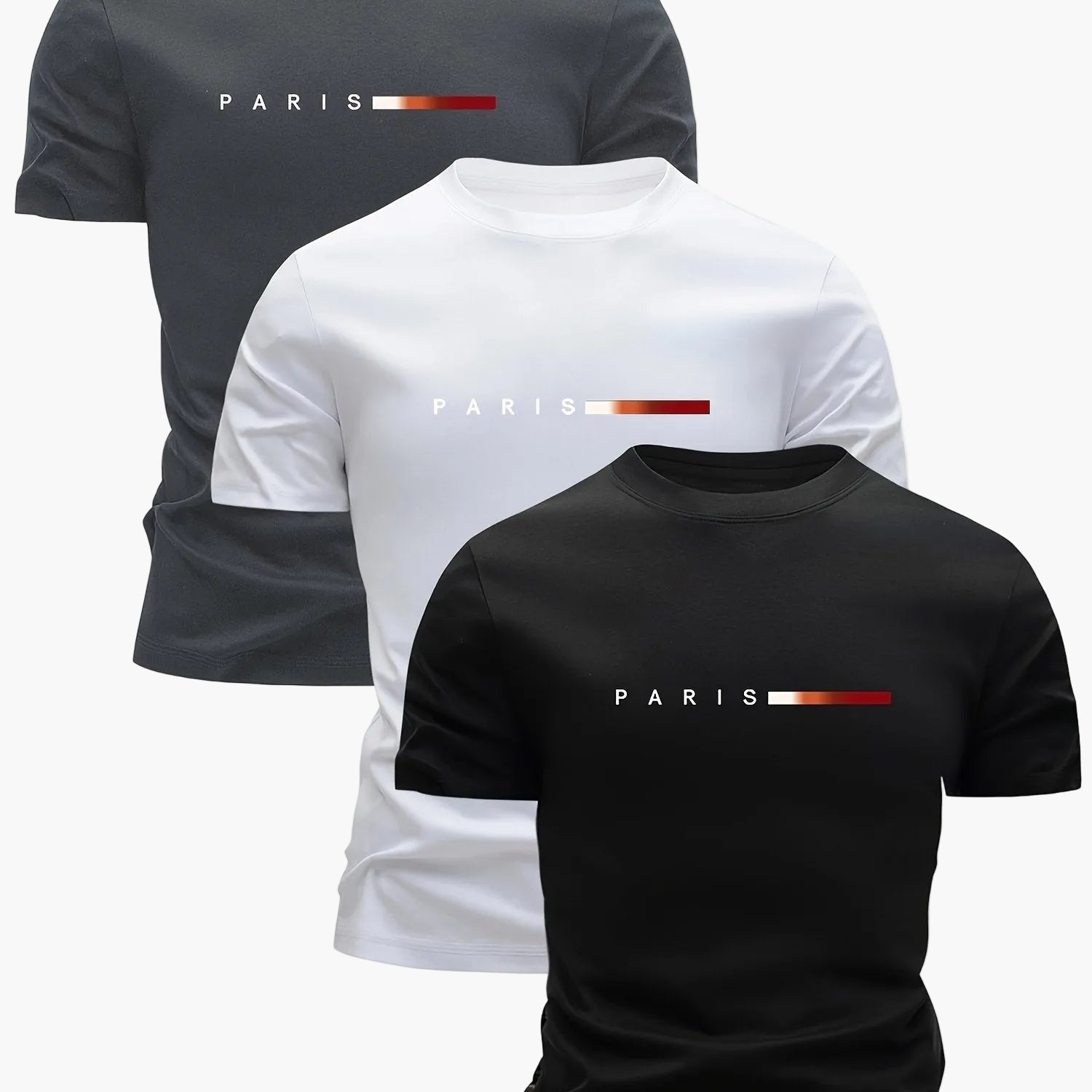 Men's Short Sleeve T-Shirt 3-Pack with Paris Print and Round Neck