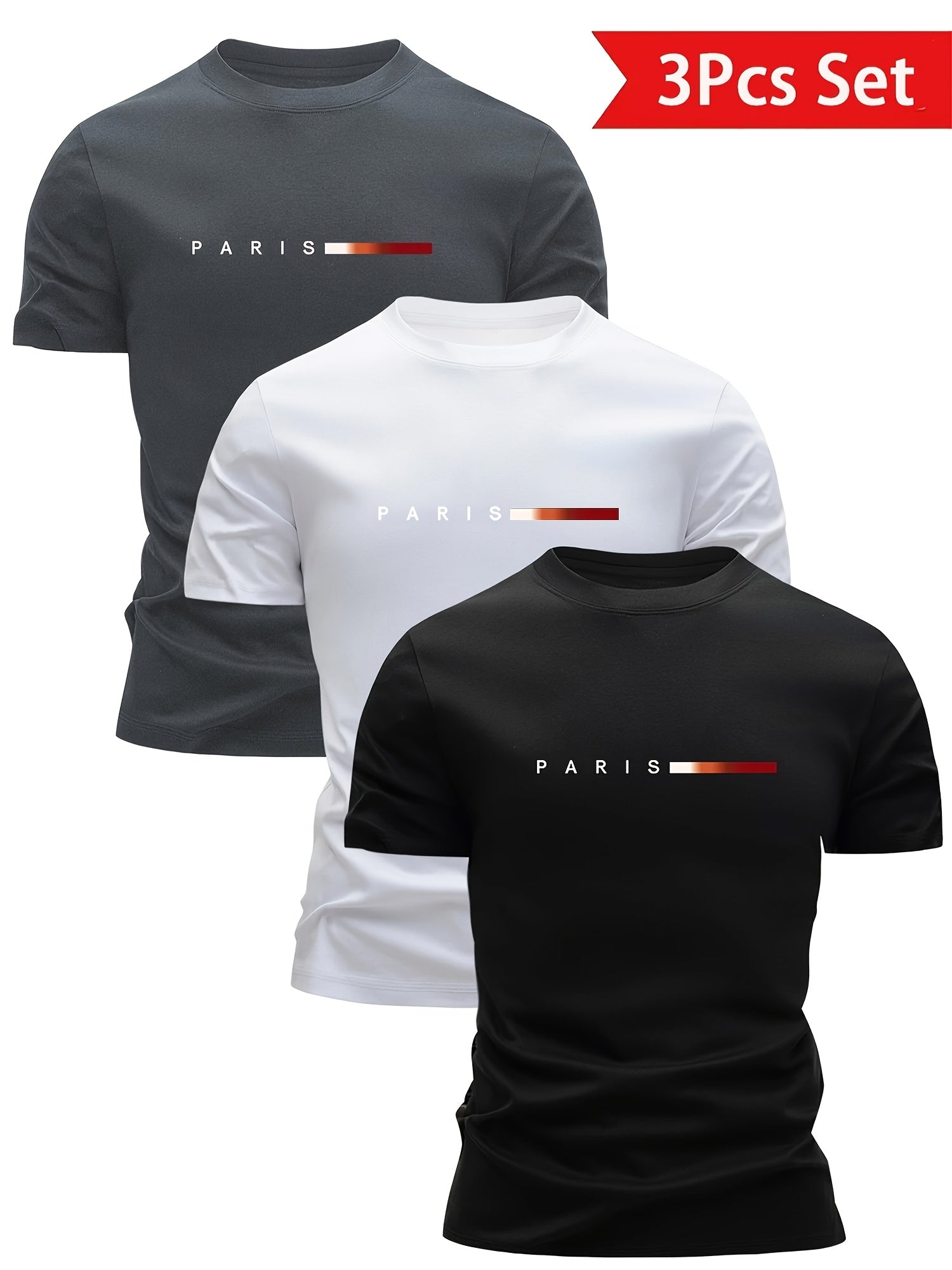 Men's Short Sleeve T-Shirt 3-Pack with Paris Print and Round Neck