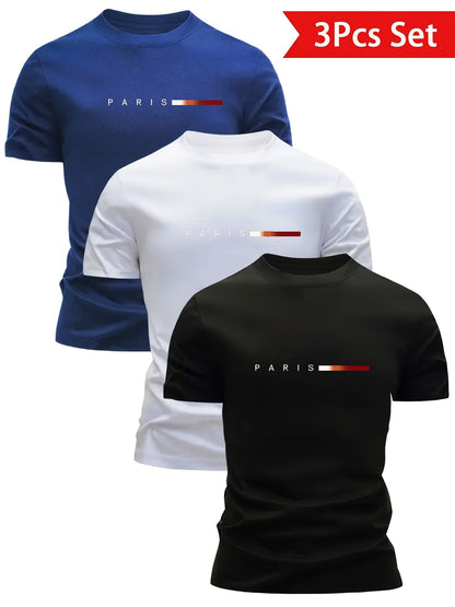 Men's Short Sleeve T-Shirt 3-Pack with Paris Print and Round Neck