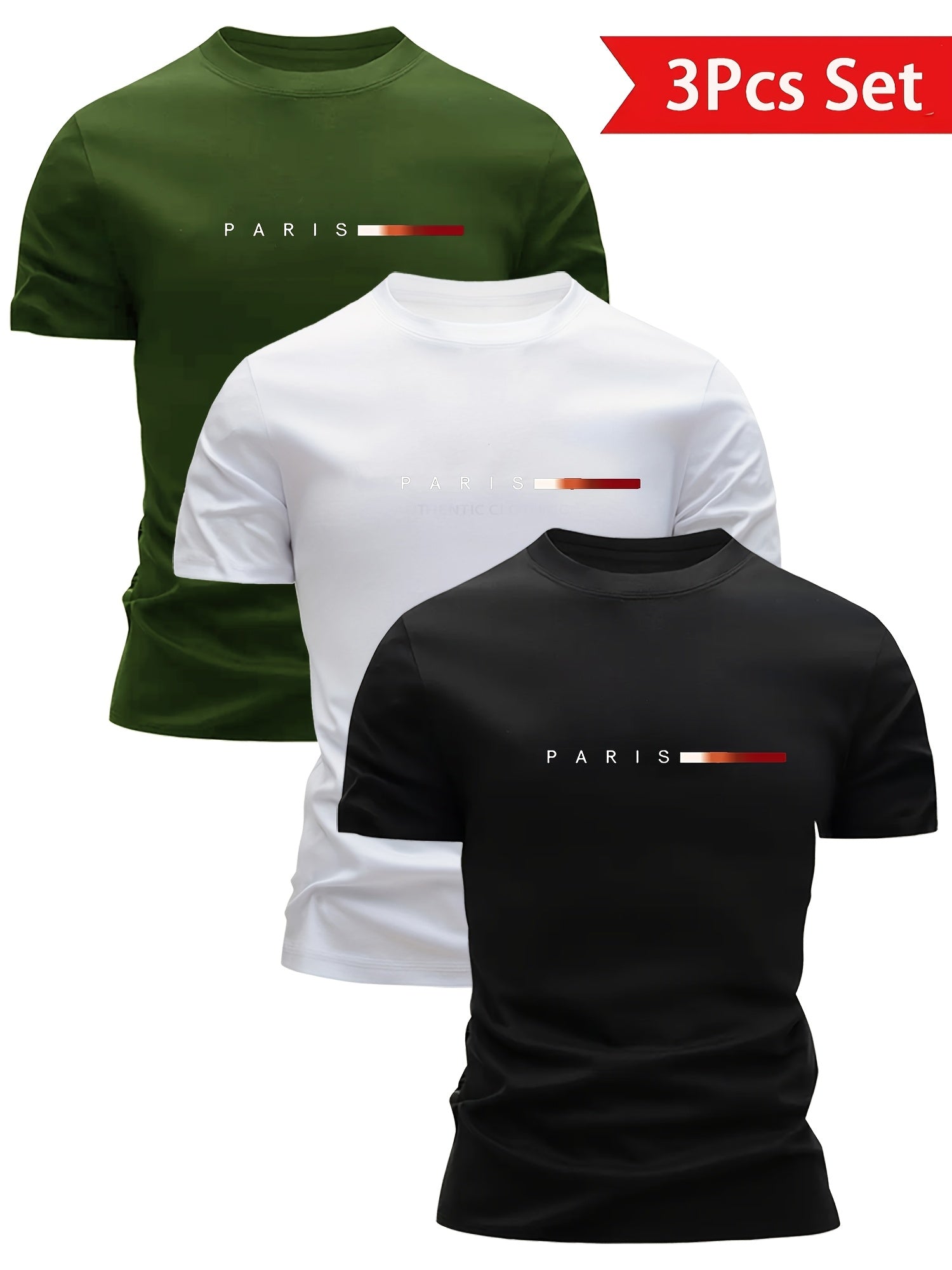 Men's Short Sleeve T-Shirt 3-Pack with Paris Print and Round Neck