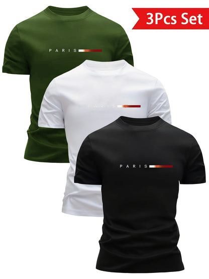 Men's Short Sleeve T-Shirt 3-Pack with Paris Print and Round Neck