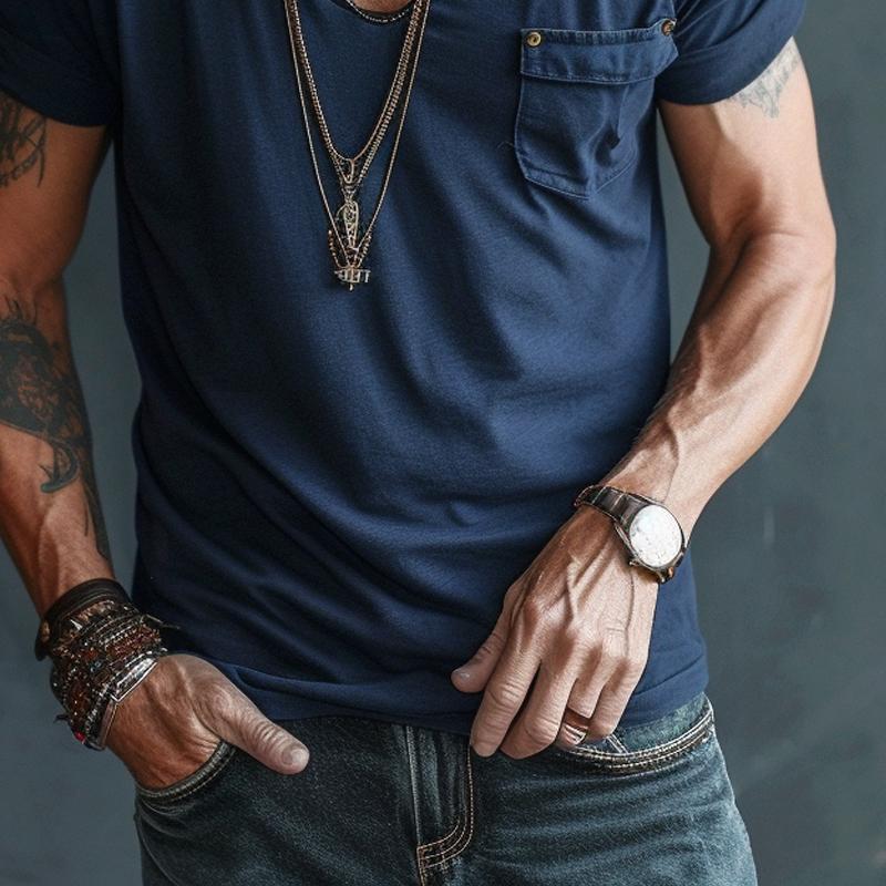 Men's Short Sleeve T-Shirt with Deep V-Neck and Chest Pocket