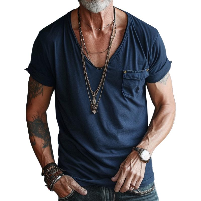 Men's Short Sleeve T-Shirt with Deep V-Neck and Chest Pocket