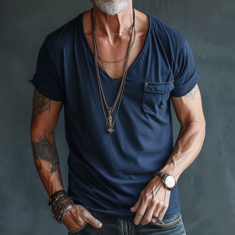 Men's Short Sleeve T-Shirt with Deep V-Neck and Chest Pocket