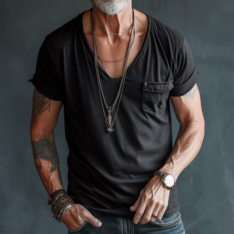 Men's Short Sleeve T-Shirt with Deep V-Neck and Chest Pocket