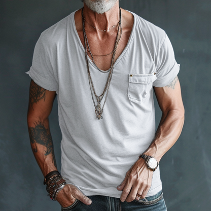 Men's Short Sleeve T-Shirt with Deep V-Neck and Chest Pocket