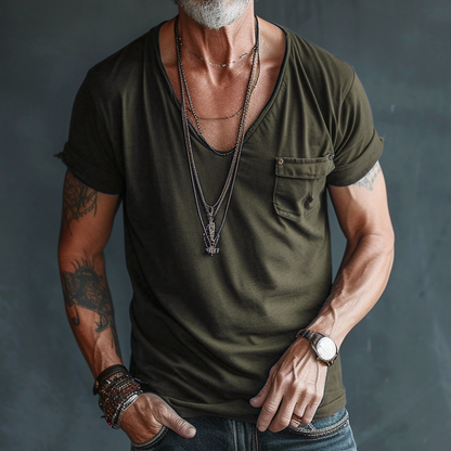 Men's Short Sleeve T-Shirt with Deep V-Neck and Chest Pocket