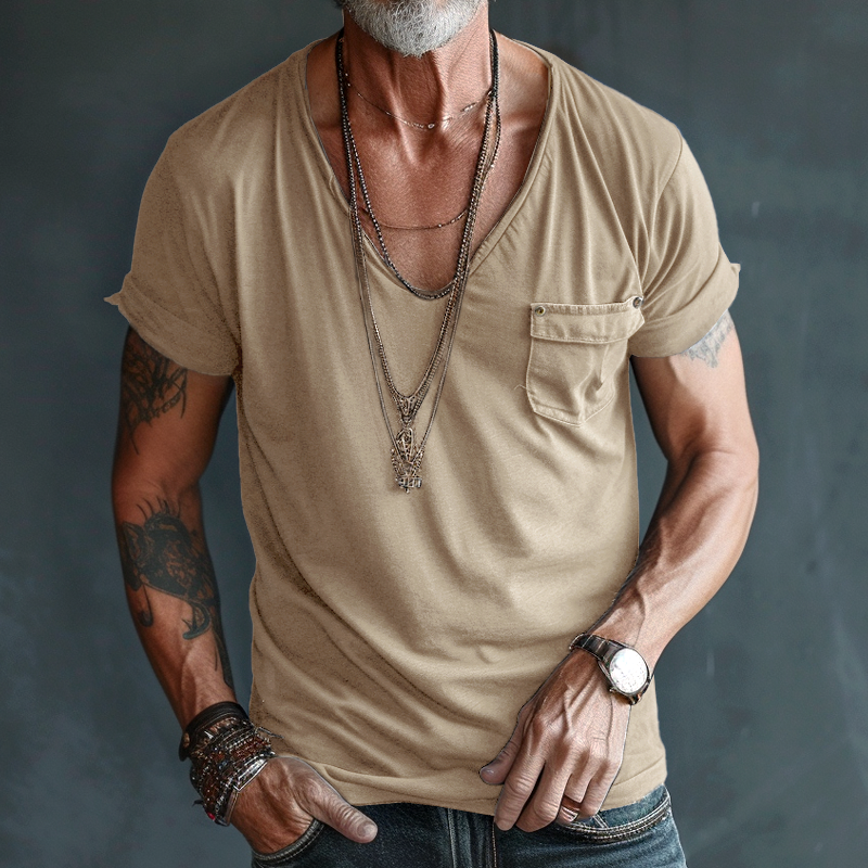 Men's Short Sleeve T-Shirt with Deep V-Neck and Chest Pocket