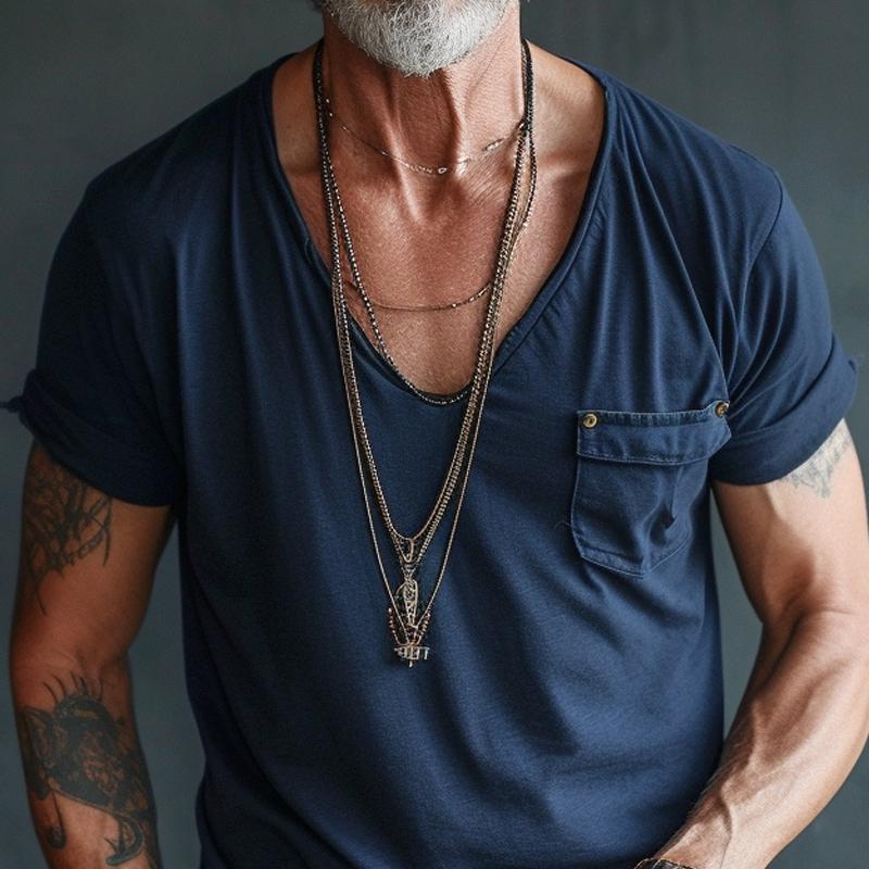 Men's Short Sleeve T-Shirt with Deep V-Neck and Chest Pocket