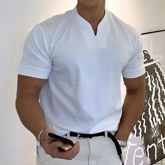 Men's Short Sleeve T-Shirt with V-Neck and Chest Pocket