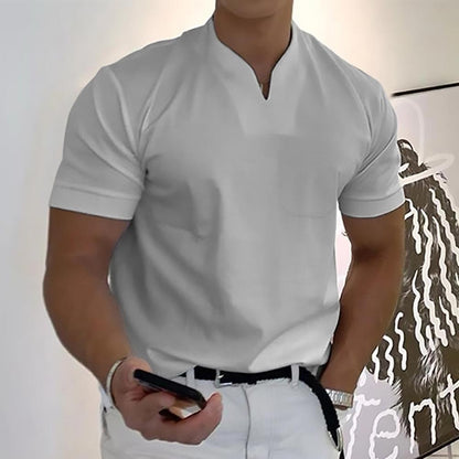 Men's Short Sleeve T-Shirt with V-Neck and Chest Pocket
