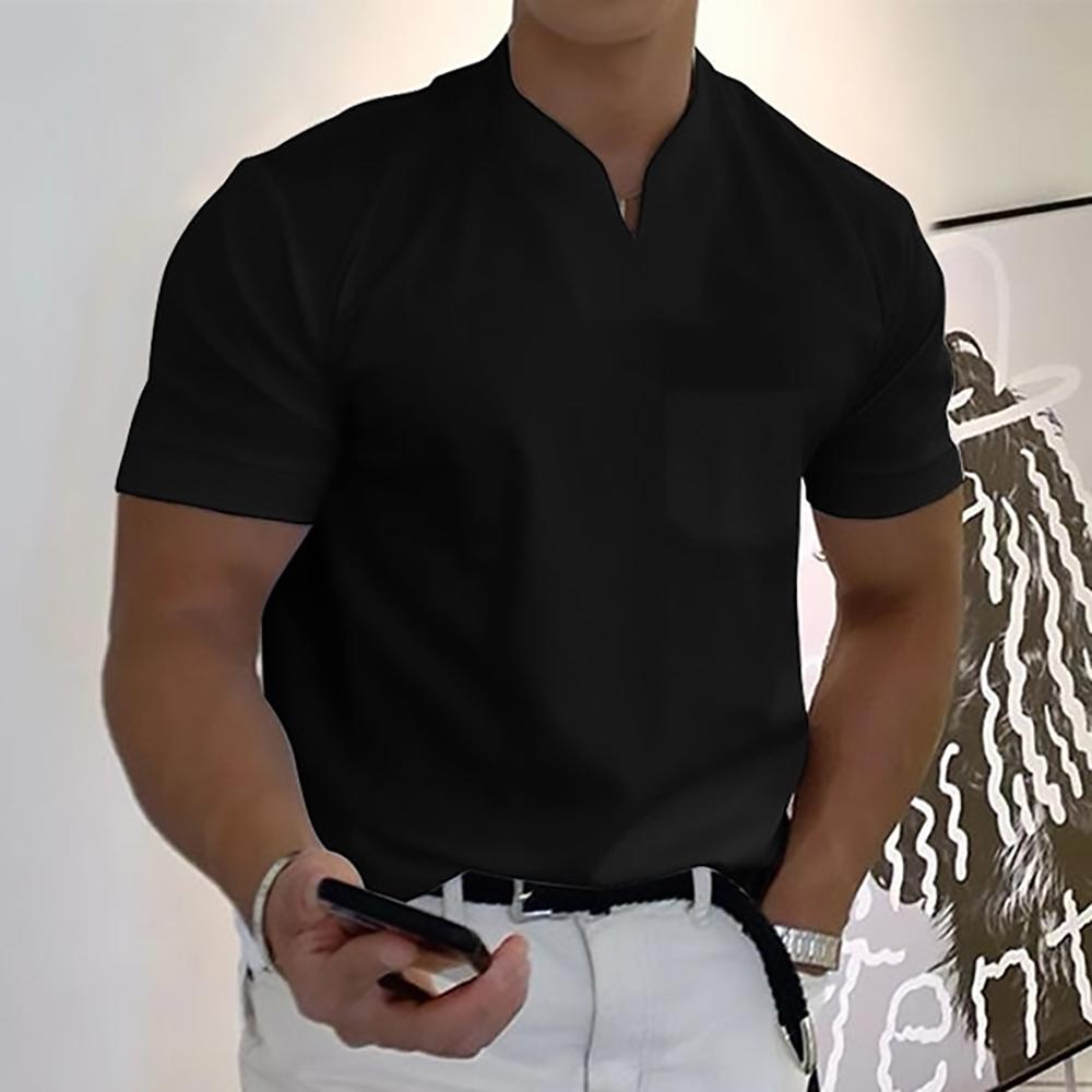 Men's Short Sleeve T-Shirt with V-Neck and Chest Pocket