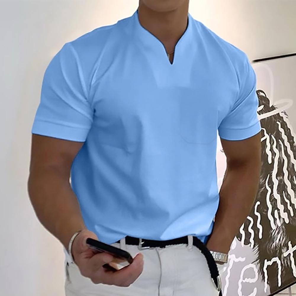 Men's Short Sleeve T-Shirt with V-Neck and Chest Pocket