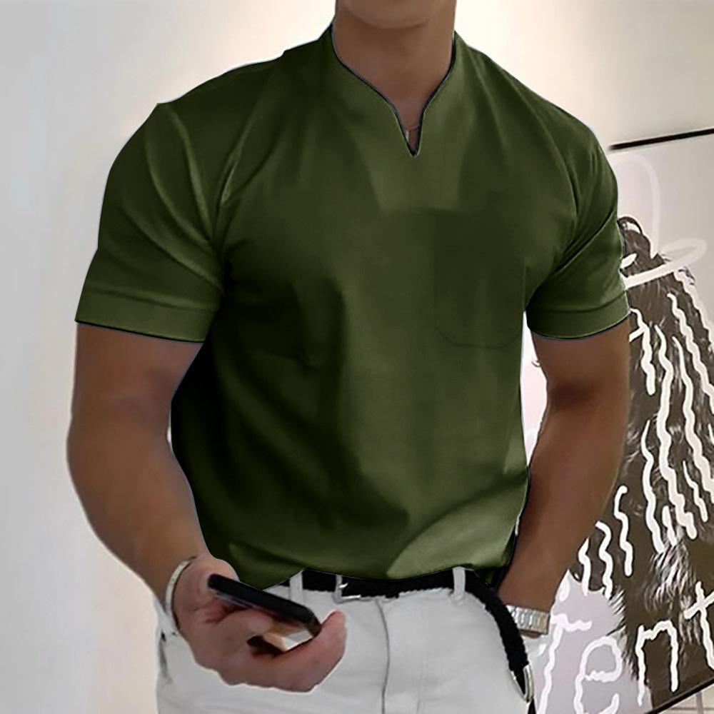 Men's Short Sleeve T-Shirt with V-Neck and Chest Pocket