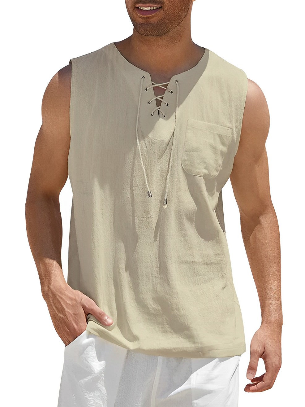 Men's Sleeveless Tank Top with V-Neck Lace-Up Detail and Chest Pocket