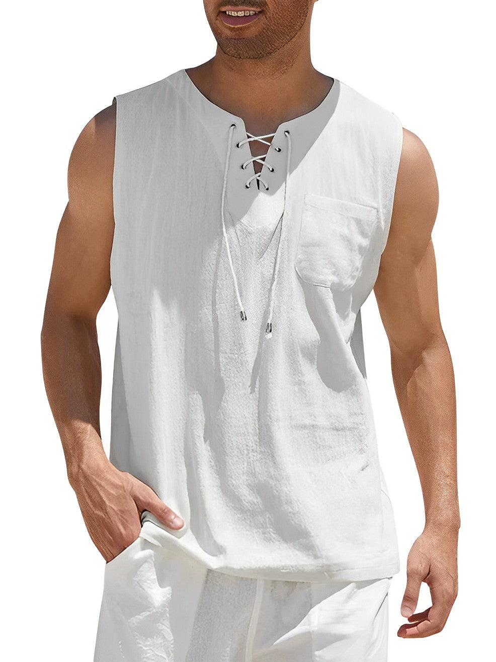Men's Sleeveless Tank Top with V-Neck Lace-Up Detail and Chest Pocket