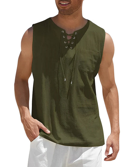 Men's Sleeveless Tank Top with V-Neck Lace-Up Detail and Chest Pocket