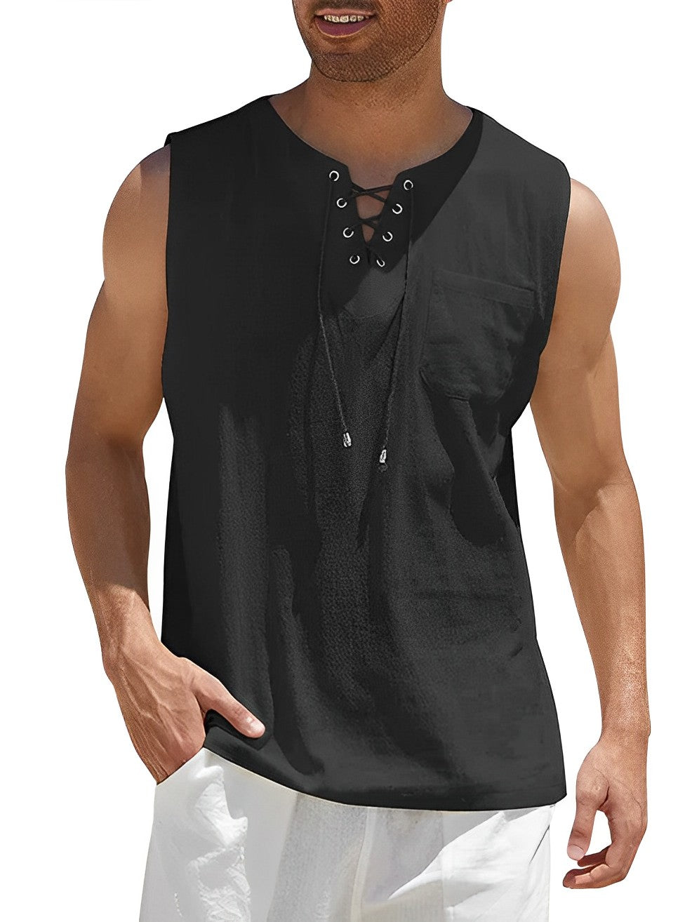 Men's Sleeveless Tank Top with V-Neck Lace-Up Detail and Chest Pocket