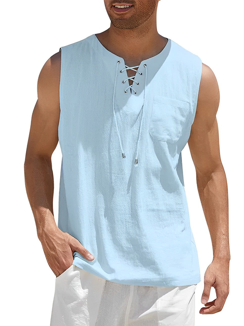 Men's Sleeveless Tank Top with V-Neck Lace-Up Detail and Chest Pocket