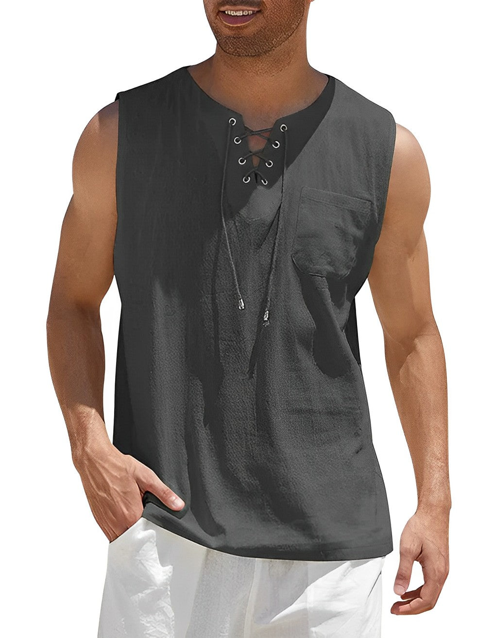 Men's Sleeveless Tank Top with V-Neck Lace-Up Detail and Chest Pocket
