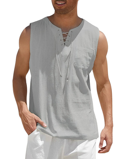 Men's Sleeveless Tank Top with V-Neck Lace-Up Detail and Chest Pocket