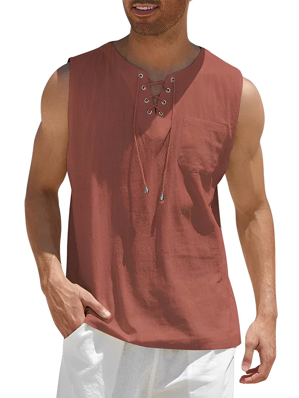 Men's Sleeveless Tank Top with V-Neck Lace-Up Detail and Chest Pocket