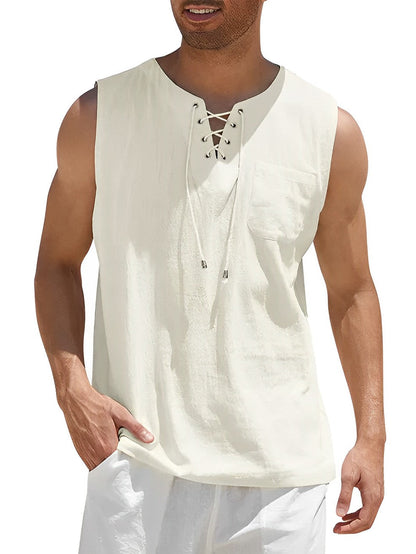Men's Sleeveless Tank Top with V-Neck Lace-Up Detail and Chest Pocket
