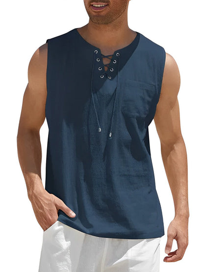 Men's Sleeveless Tank Top with V-Neck Lace-Up Detail and Chest Pocket