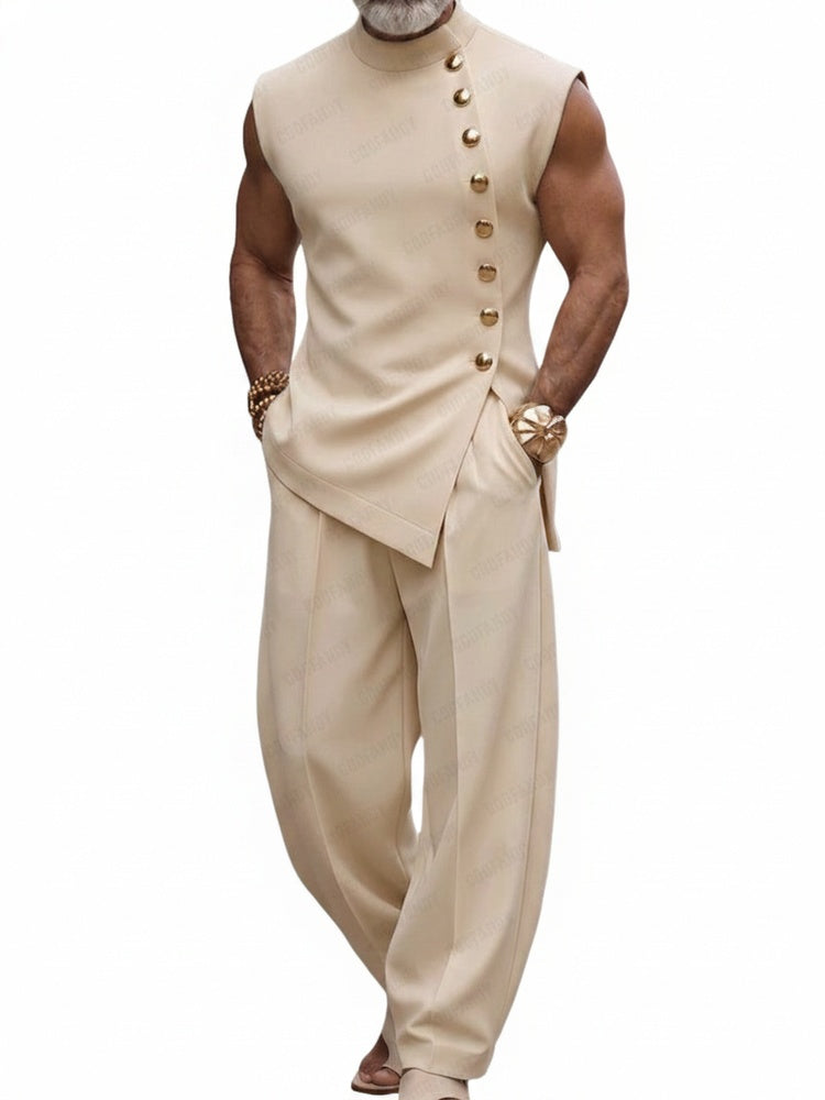 Men's Sleeveless Two-Piece Set with Stand Collar and Asymmetric Button Top