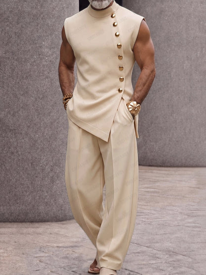 Men's Sleeveless Two-Piece Set with Stand Collar and Asymmetric Button Top